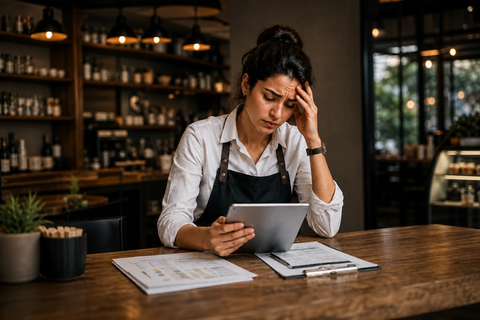 Restaurant manager reviewing staff schedules on a tablet
