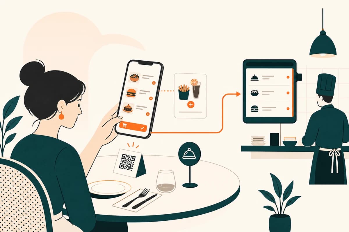 A guest phone scanning a table QR code and sending an order to the kitchen