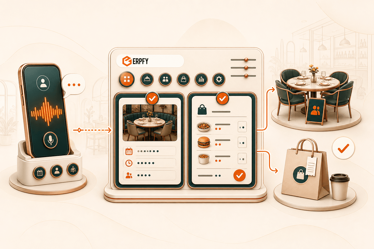 A restaurant call becoming a confirmed reservation and takeaway order inside ERPFY
